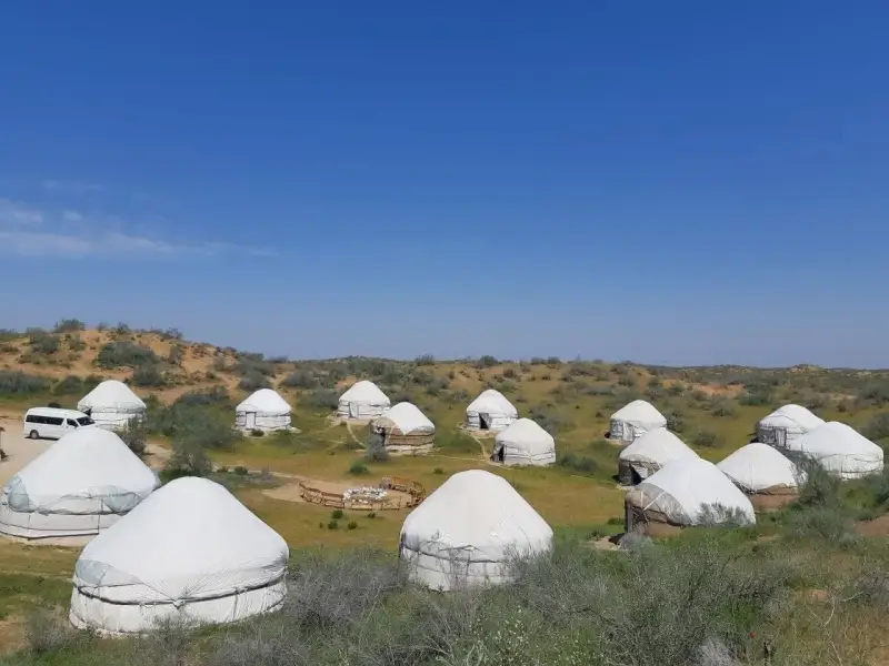 Traditional yurt camp near Aydarkul Lake in the Kyzylkum Desert