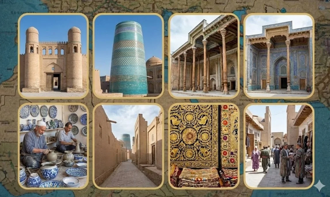 The wide, glazed-tile Kalta Minor minaret in Khiva