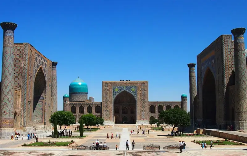 Registan Square ensemble at sunset, Samarkand, Uzbekistan UNESCO site